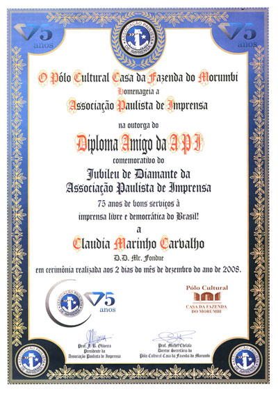 Mr Fondue recebeu o Diploma Amigo da API comemorativo do Jubileu de Diamante da Associação Paulista de Imprensa